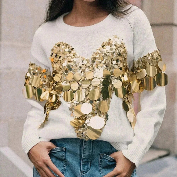 Sweaters - Women's Luxurious stylish Sequin detailed Long Sleeve Sweater top
